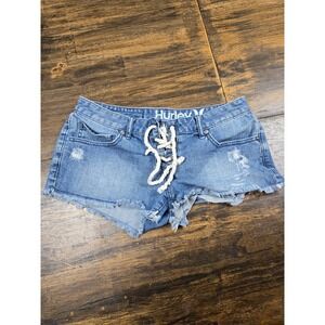 Hurley Womens Lace Up Front Distressed Denim Cut Off Shorts Light Wash Size 3